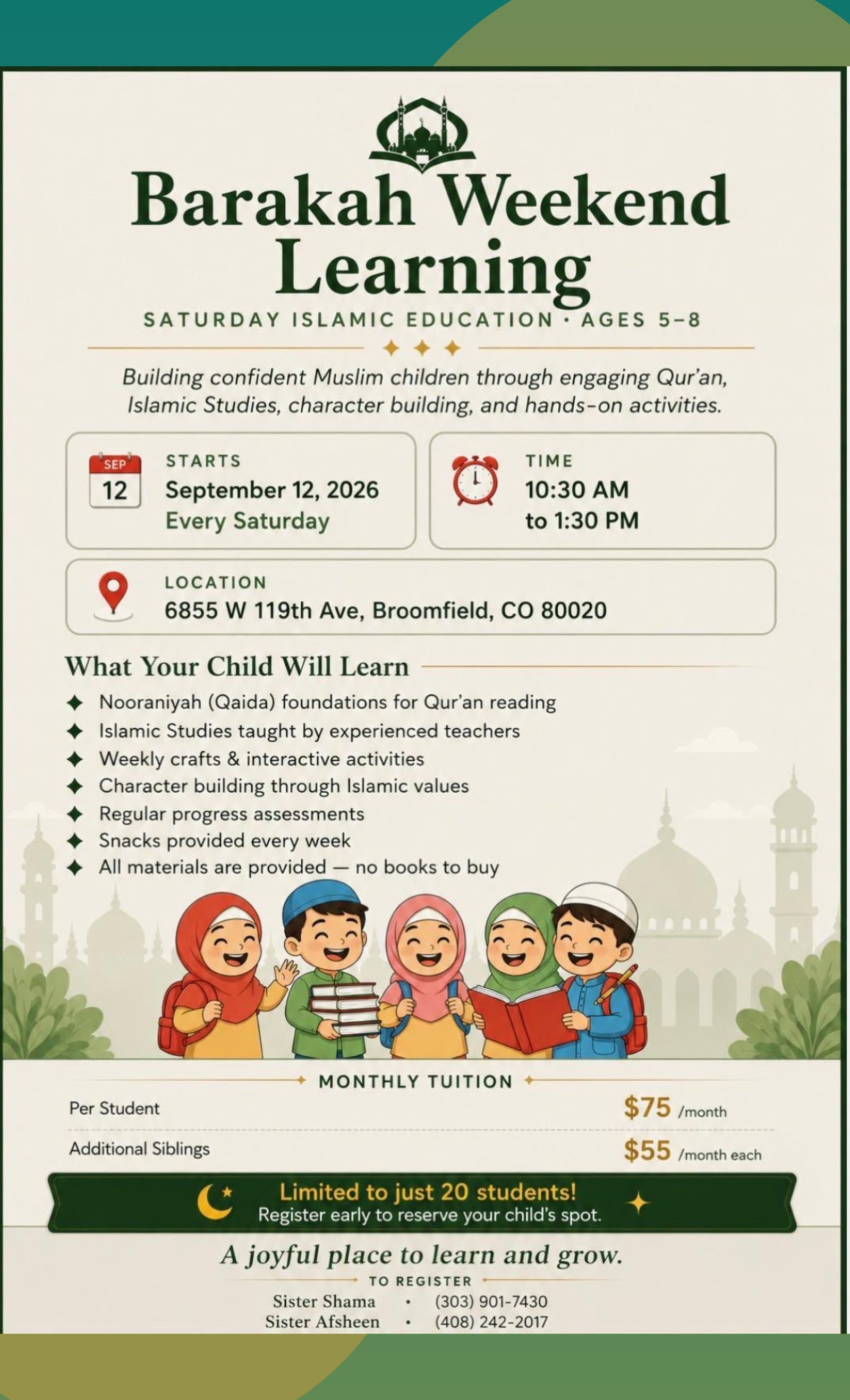 Barakah Weekend Learning — Saturday Program for Ages 5–8 poster